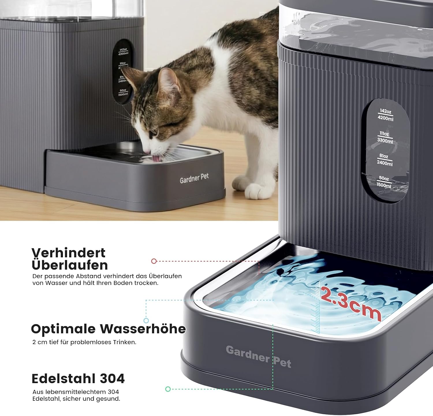 Detalle 2 de Gardner Pet 6,5-L automatischer Wasserspender mit Edelstahlschüssel (Schwerkraft, ohne Strom)