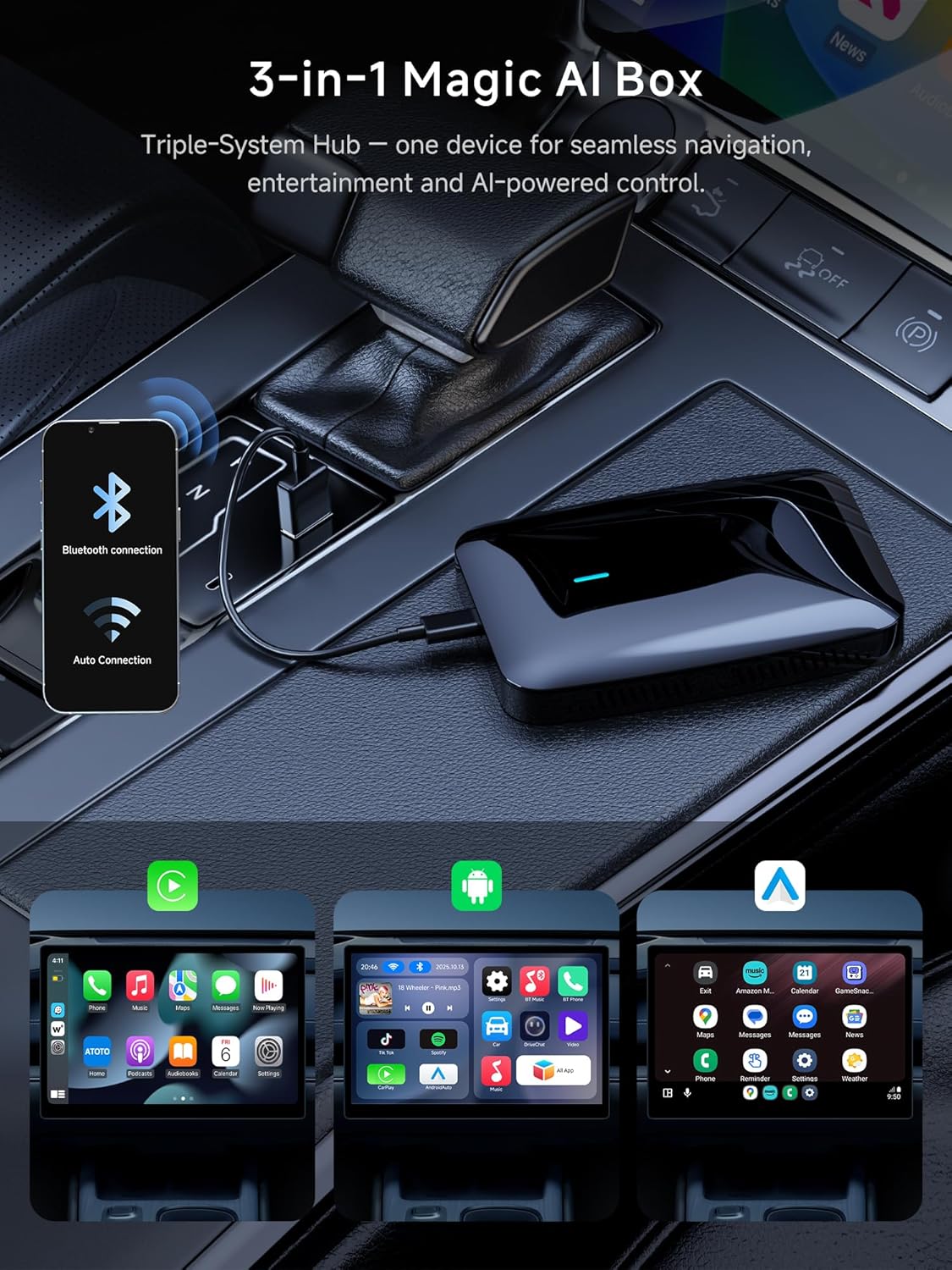 Detalle de ATOTOSELECT CB4A Wireless CarPlay Adapter: AI-powered dual‑Wi‑Fi Car Tech Upgrade