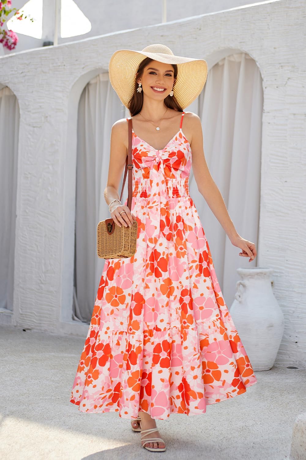 Detalle de GRACE KARIN Women's Summer Floral Maxi Dress - Boho Chiffon-Feel Flow, Adjustable Tie, Pockets