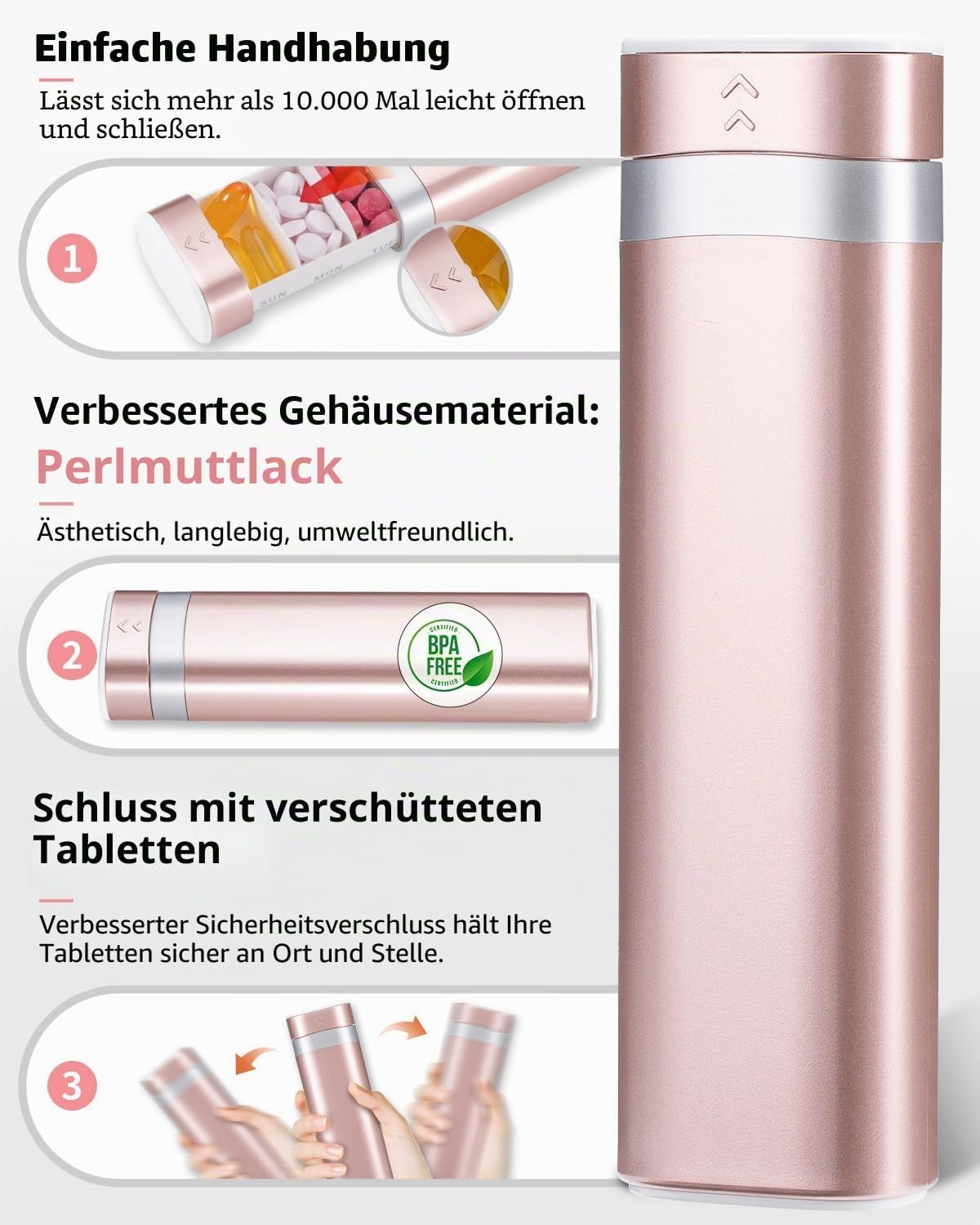Detalle de Betife Tablettenbox 7 Tage – BPA-freie Wochen- und Reise-Pillendose (Rosa)