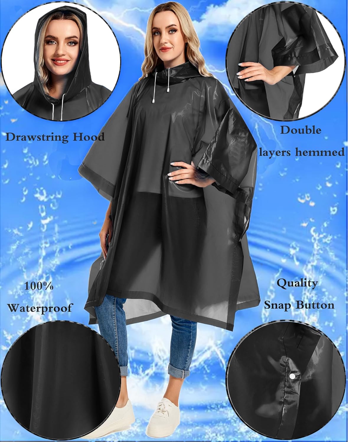 Thumbnail 2 de Borogo 2-Pack Reusable Adult Rain Ponchos (EVA) with Drawstring Hood