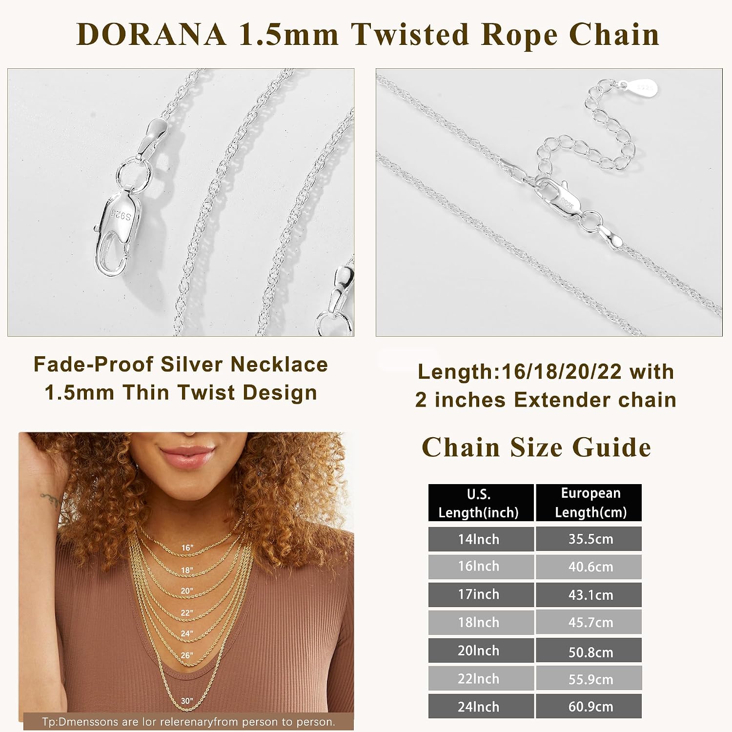 Detalle 2 de DORANA 1.5mm Silver Twisted Rope Chain Necklace (S925) — adjustable length sterling silver chain