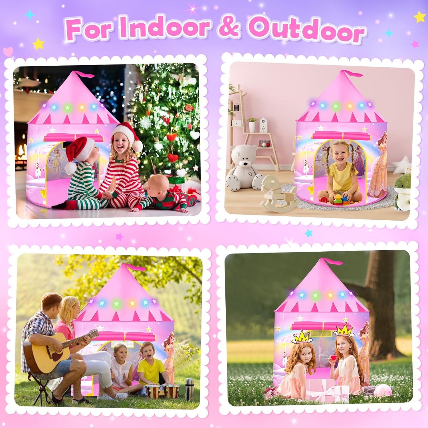 Thumbnail 4 de Princess pop up play tent for girls aged 3–7, foldable teepee with princess design and LED star light
