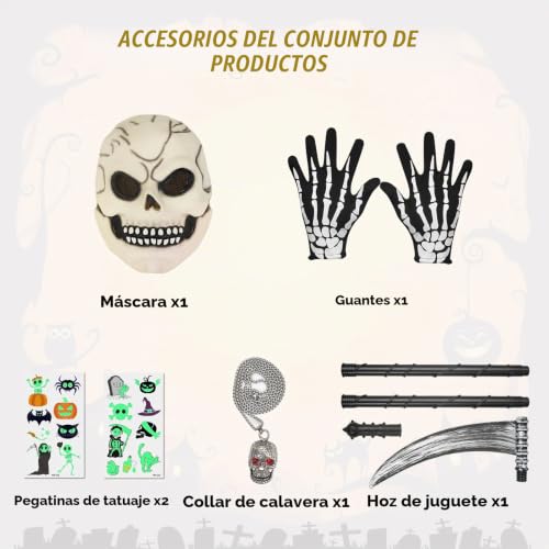 Detalle de Haozozo disfraz de muerte para niño, fluorescente, con máscara y guadaña (11-14 años)