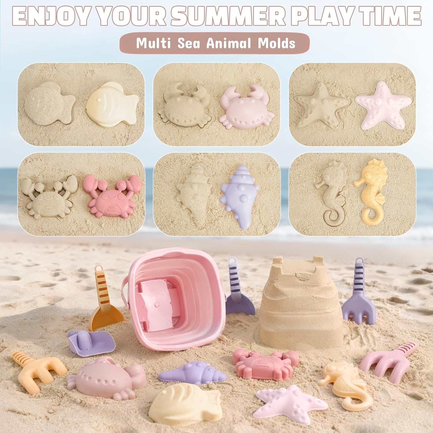 Detalle 2 de Dreamon Sandspielzeug Strandset, 18-tlg. inkl. faltbarem Eimer – für Kinder ab 3 Jahren
