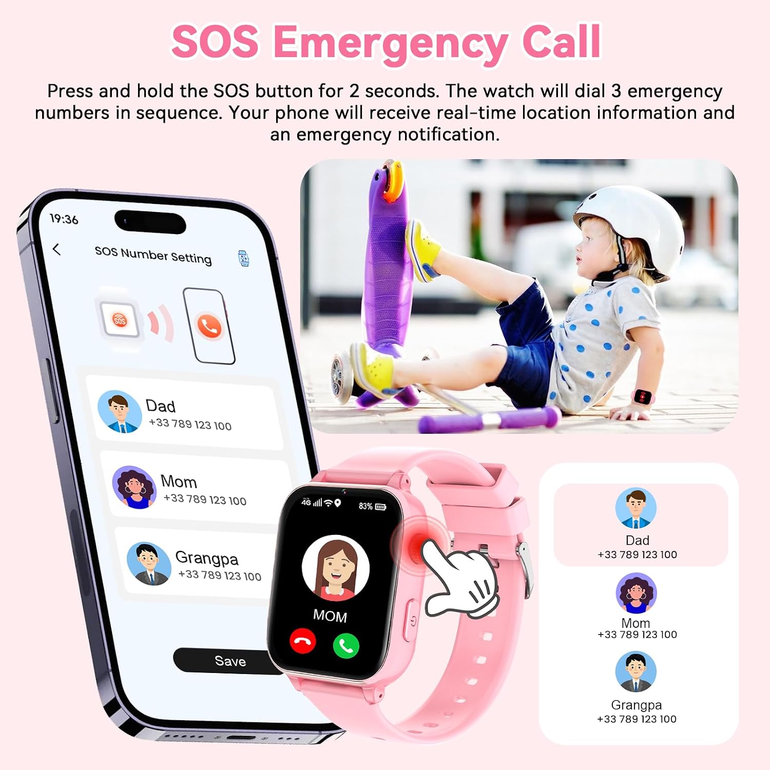 Detalle de 4G Kids Smart Watch Phone GPS with Video Calling, Class Mode, and SOS — Pink