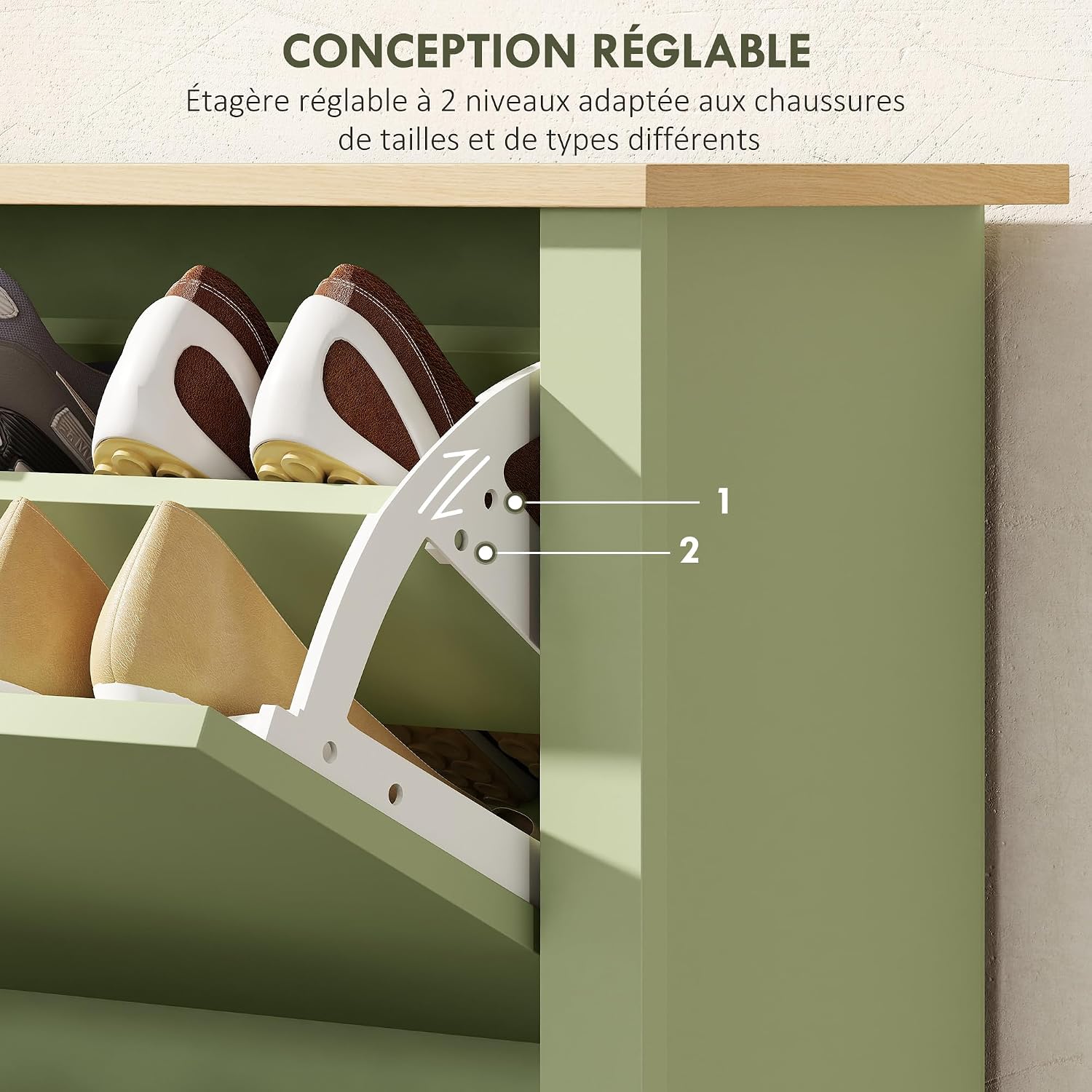 Detalle de HOMCOM Meuble à chaussures étroit 12 paires avec 2 tiroirs rabattables et étagères réglables (72 x 26 x 80 cm)