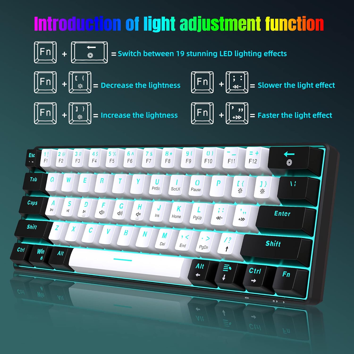 Thumbnail 3 de Snpurdiri 60% wired mechanical gaming keyboard with red switches and ice blue LED backlight (61 keys, detachable USB-C)
