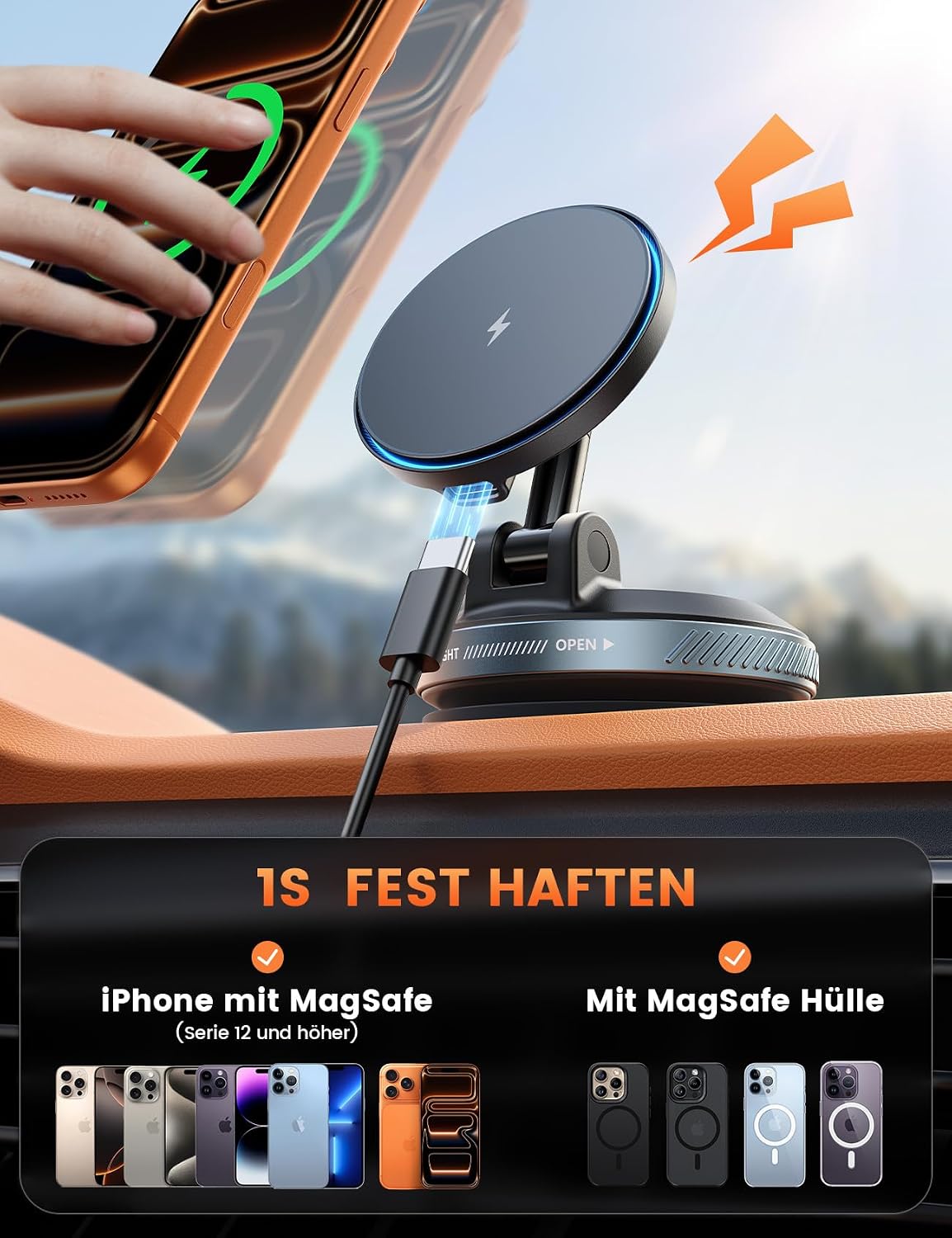 Thumbnail 3 de Lamicall 15W MagSafe Autohalterung mit Ladefunktion – Vakuum-Saugnapf, magnetische Halterung für Armaturenbrett & Windschutzscheibe