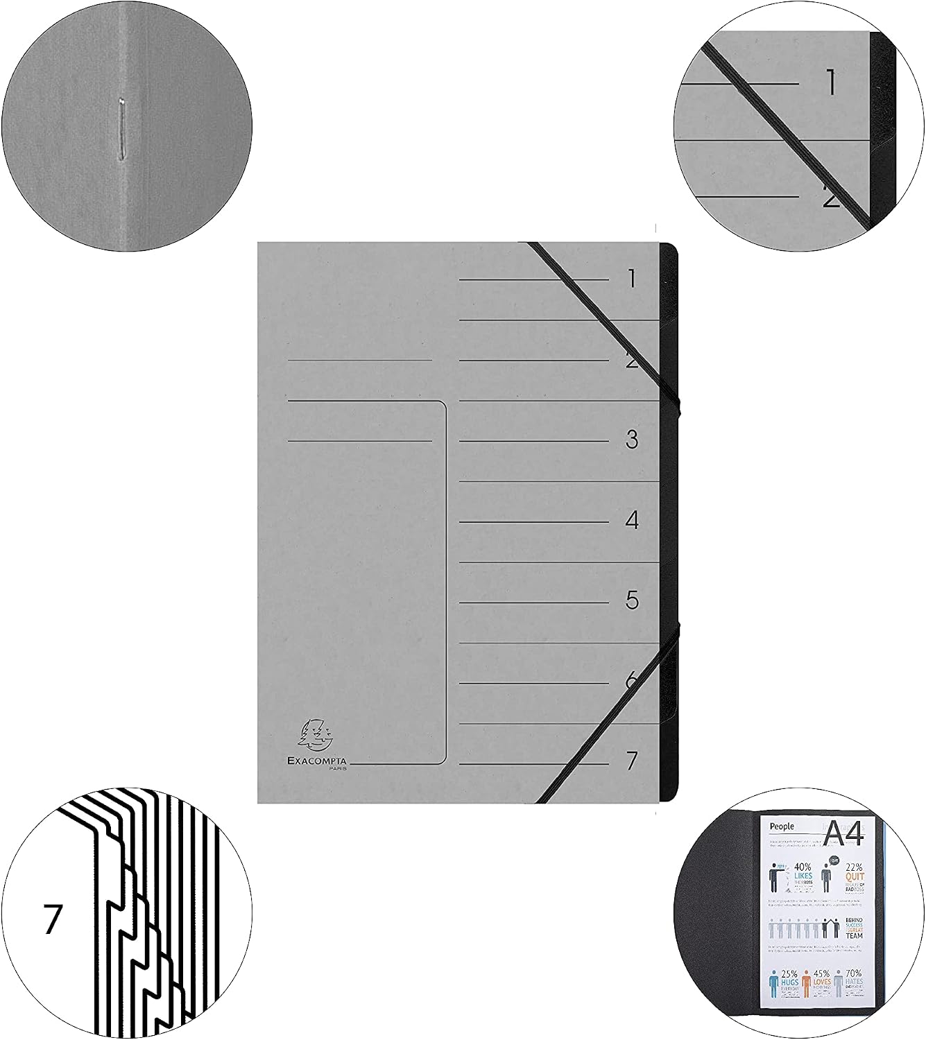 Thumbnail 6 de Exacompta 540711E – Trieur dos agrafé à 7 compartiments, élastiques, couverture carte lustrée, intérieur recyclé noir – A4 (24,5 × 32 cm) – gris