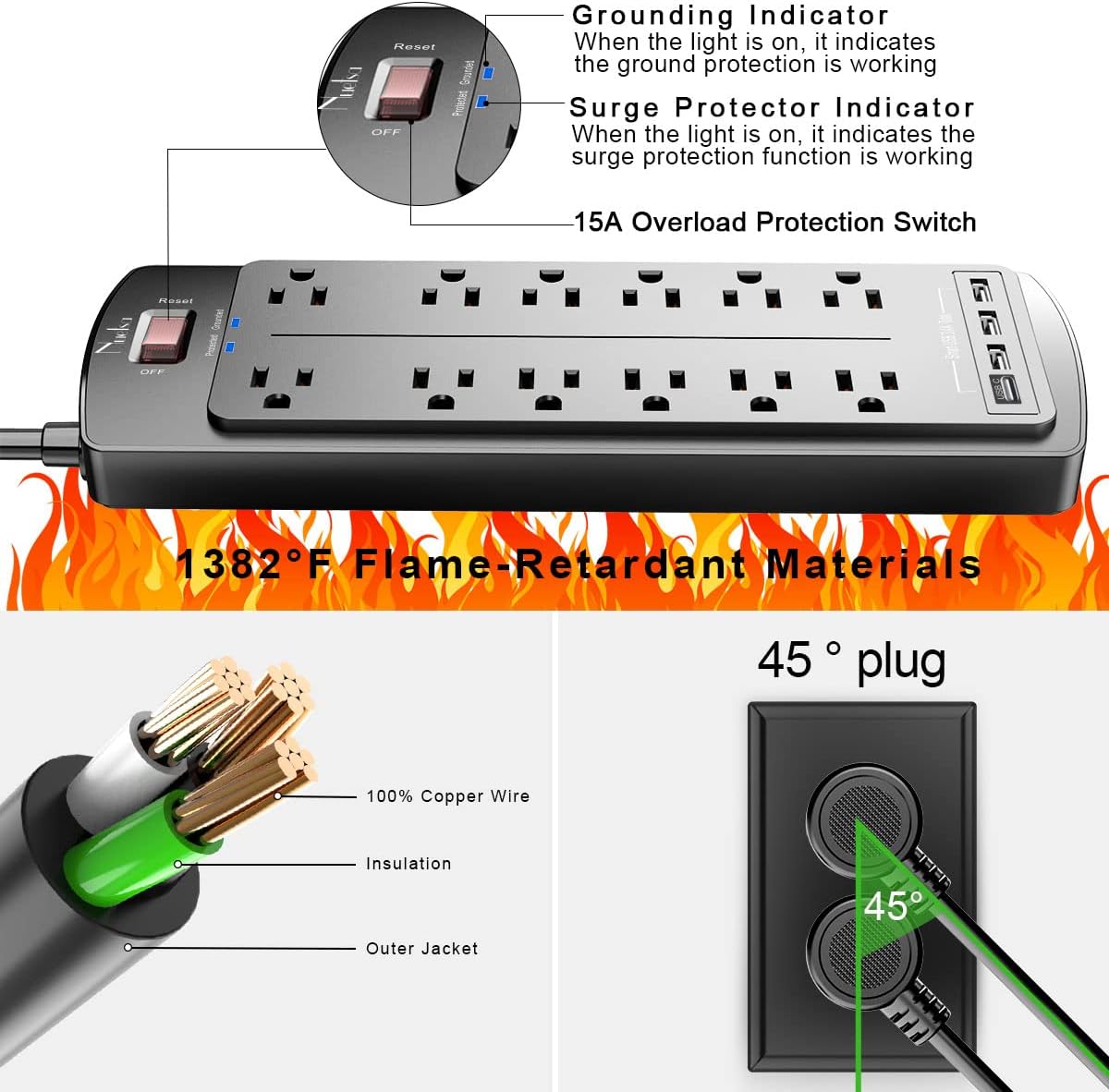 Detalle de Nuetsa PS951B Surge Protector Power Strip, 12 Outlets, 4 USB Ports