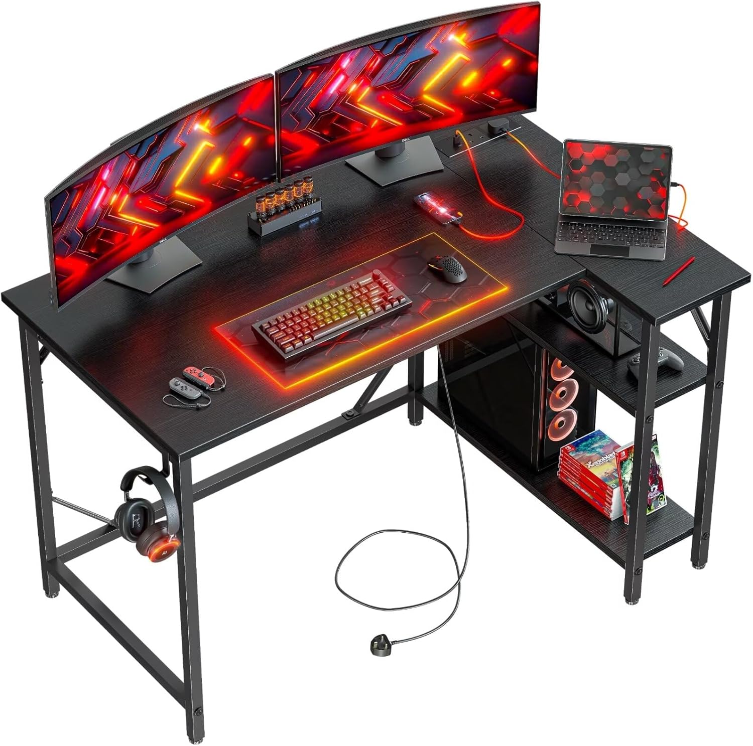 DOMSHOCT 120 x 70cm L-shaped gaming desk with power outlets, reversible storage shelves and headphone hook (black)