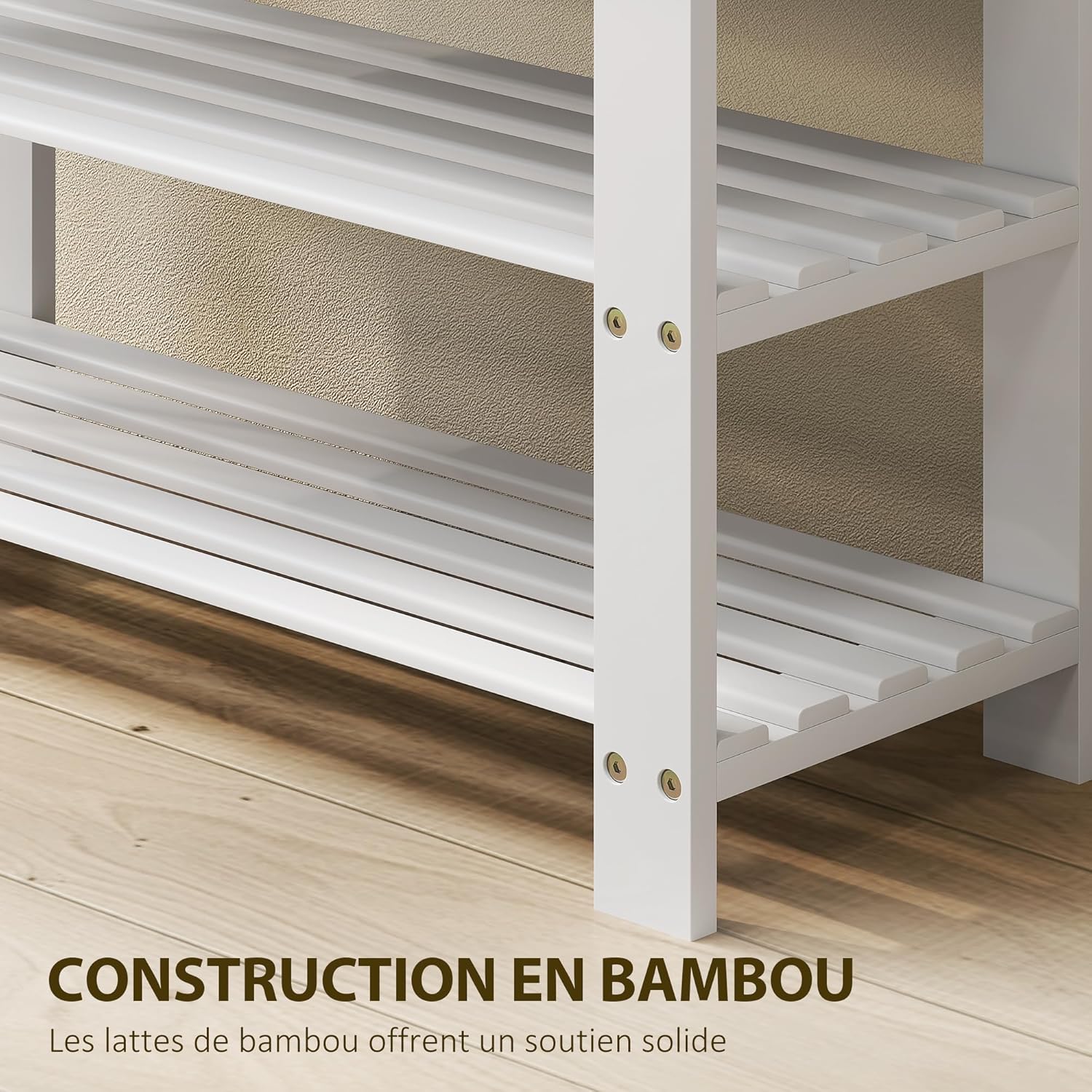 Thumbnail 6 de Banc à chaussures HOMCOM en bambou 3 niveaux — design scandinave, blanc, 70 × 28 × 45 cm