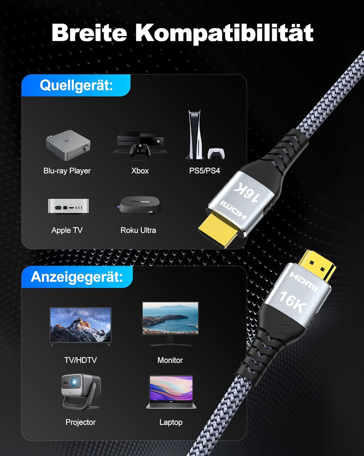 Thumbnail 6 de Anehmeta HDMI 2.2 Kabel 2 m – 96 Gbps, 16K/8K/4K, HDR, VRR, HDCP 2.2/2.3, Geflochtenes Kabel