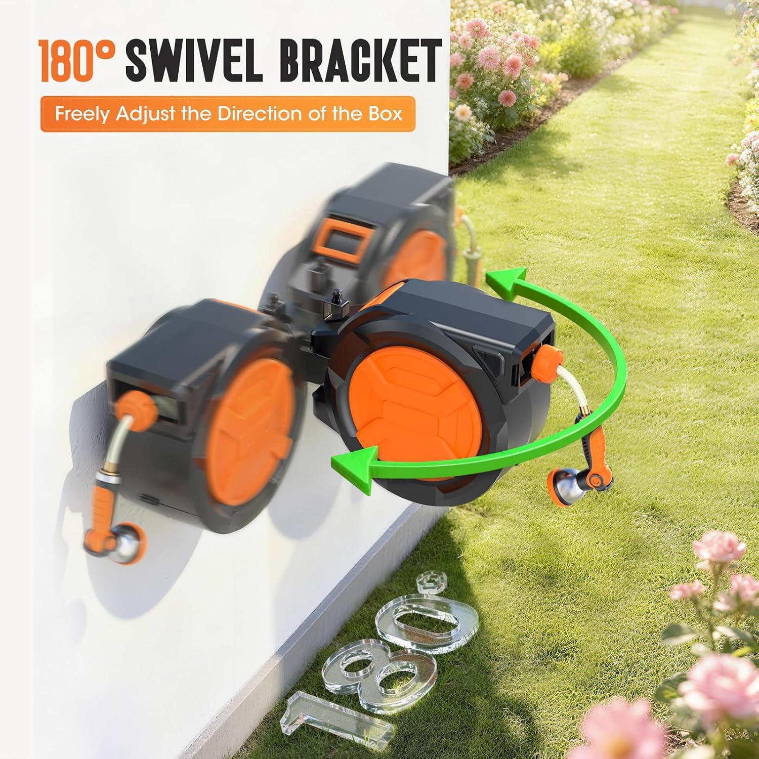 Thumbnail 3 de Garden Hose Reel 2-in-1 Wall Mounted Portable Auto Rewind Hose Reel with 180° Swivel Bracket, Any Length Lock & 9-Pattern Nozzle (1/2in 30+2m)