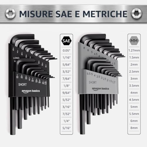 Detalle de Amazon Basics Set di 36 Chiodi a Brugola Esagonali in Acciaio Cromo-Vanadio – Misure Metriche e Imperiali