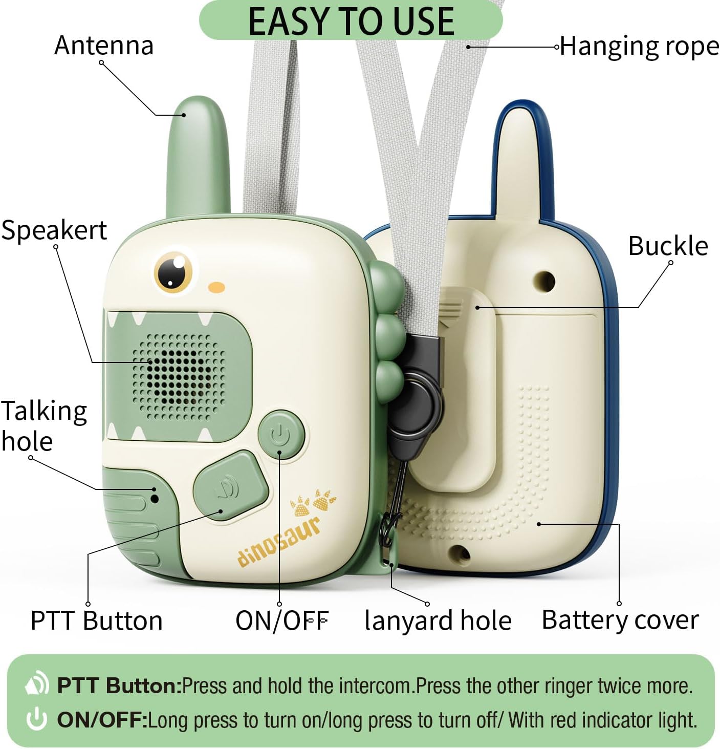 Detalle de JKGIFTS 77-39A Dinosaur Walkie-Talkies for Kids, 2-Pack, 1,000-Foot Range