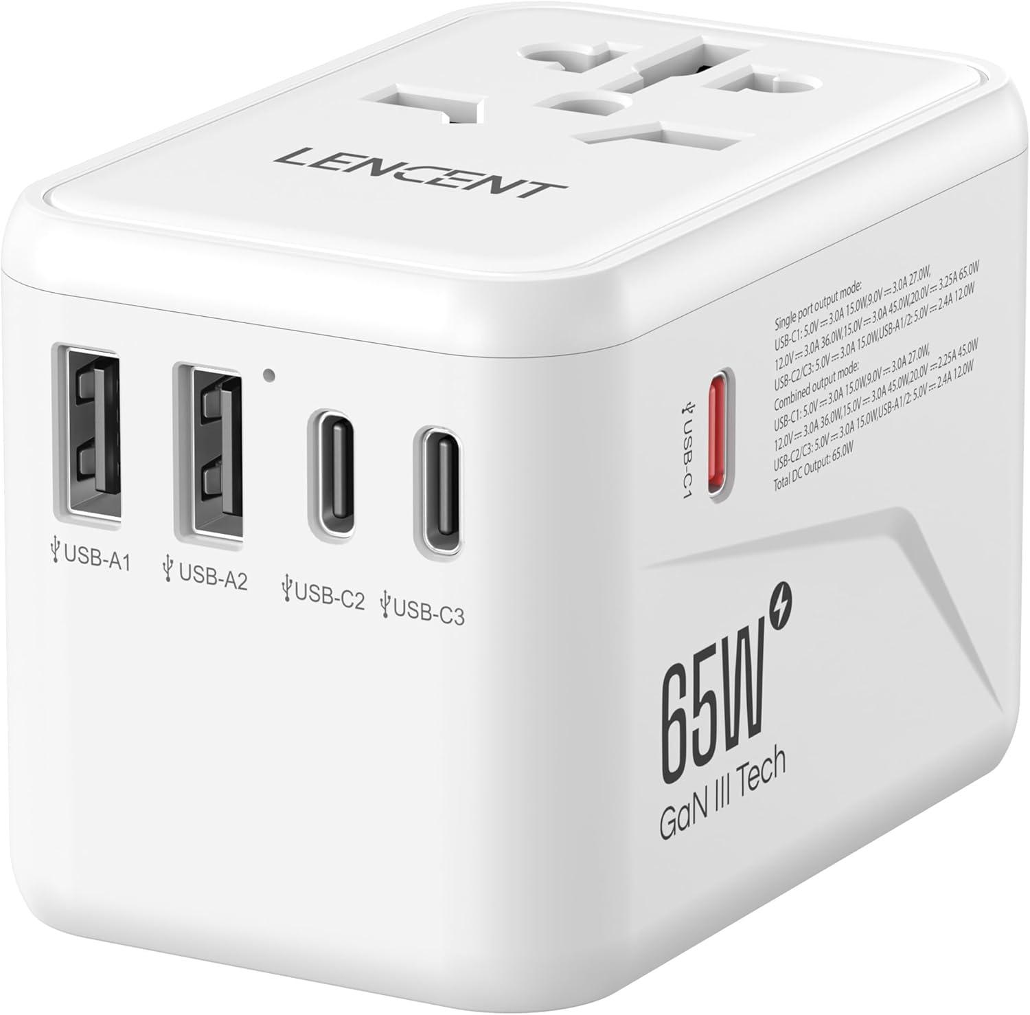 Detalle de LENCENT Universeller Reiseadapter GaN III 65W – 65W PD Schnellladung mit 2 USB-A & 3 Typ-C für weltweite Reisen
