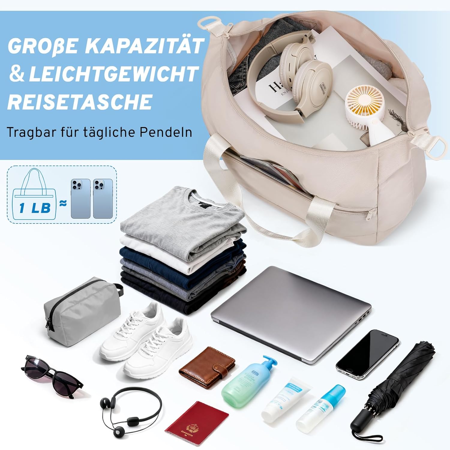 Detalle de VSNOON Handgepäck-Tasche 40x30x20 für Ryanair (40 × 30 × 20 cm), faltbar bis zu 25 l, Khaki