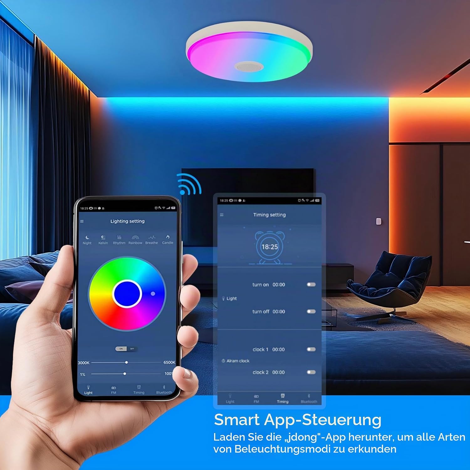 Thumbnail 5 de JDONG LED-Deckenleuchte mit Fernbedienung, App-Steuerung und Bluetooth-Lautsprecher – 36 W, 40 cm Ø, RGB-Farbwechsel