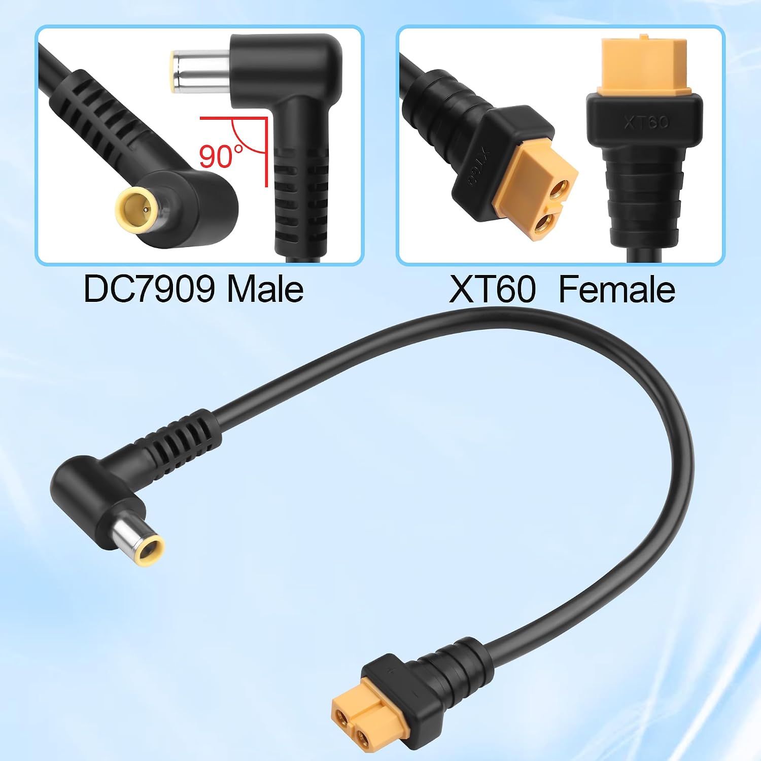 Detalle de TIENFOKOTA XT60 to DC 7909 Male 90° Connector Adapter Cable, 16AWG (1ft) – Dual Output for Portable Power Stations and Solar Gear