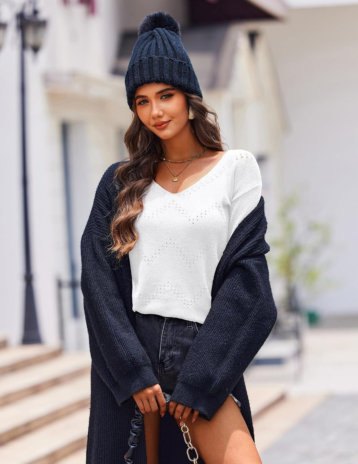 Detalle de Zeagoo Pull Femme Élégant à Col en V en crochet – Automne/Hiver