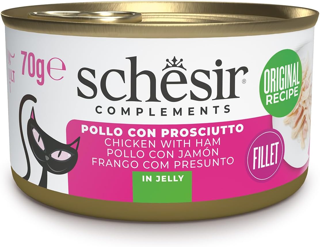 Detalle de Schesir Filetti di Pollo con Prosciutto in Gelatina — Cibo Umido per Gatti, 12 lattine da 70 g