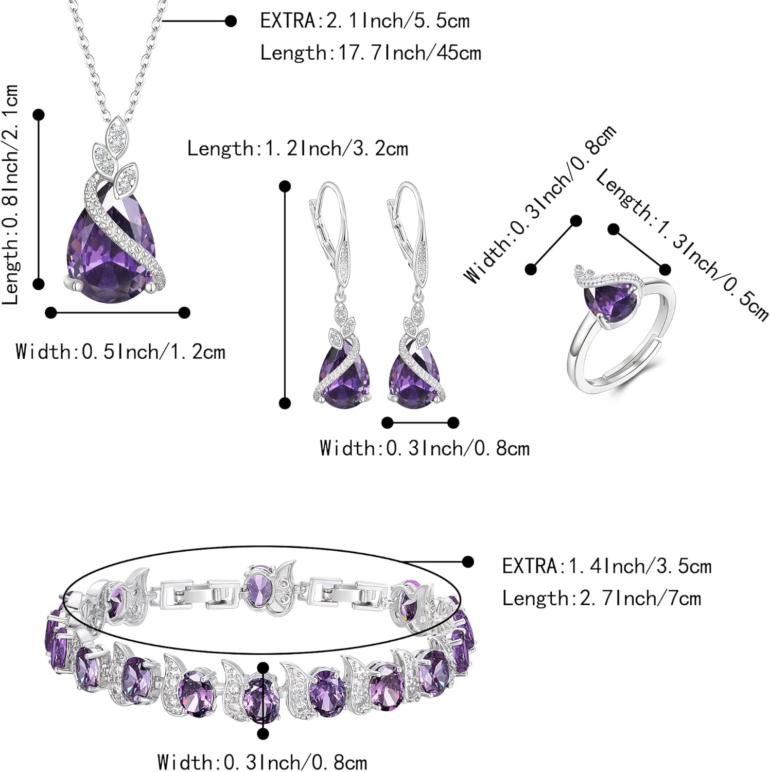 Thumbnail 3 de Parure de bijoux de mariage Clearine (zircone cubique) 4 pièces : collier, boucles d’oreilles, bracelet et anneau réglable