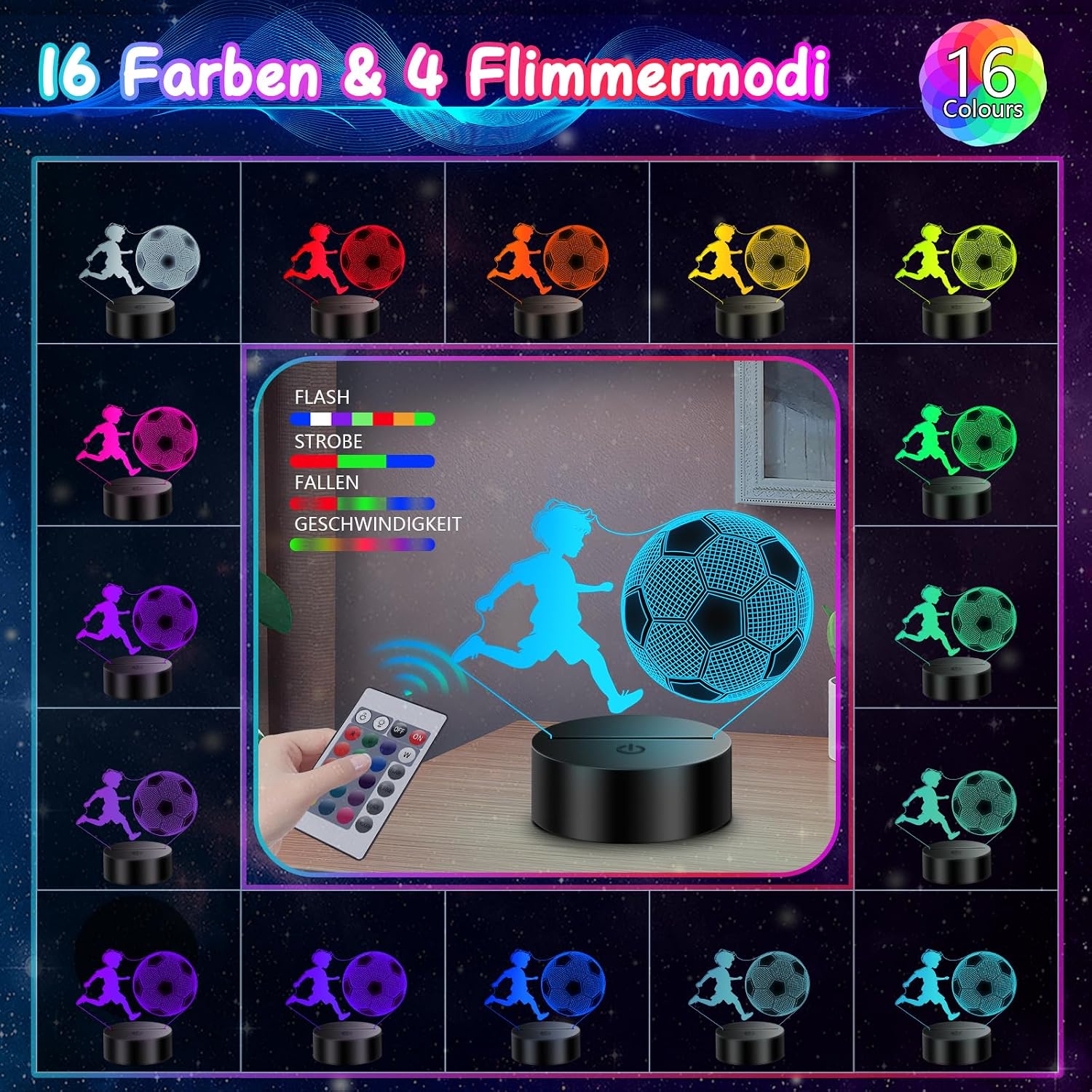 Detalle de Polemera 3D Fußball-Nachtlicht für Jungen (16 Farben) mit Fernbedienung