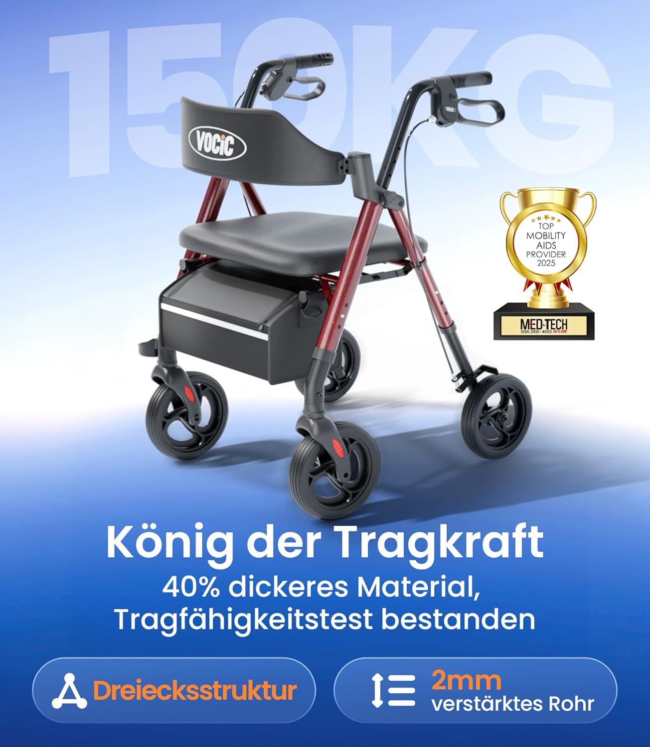 Thumbnail 6 de VOCIC Rollator Faltbar und Leicht mit Sit – kompakt, 20 cm Räder und verstellbare Höhe