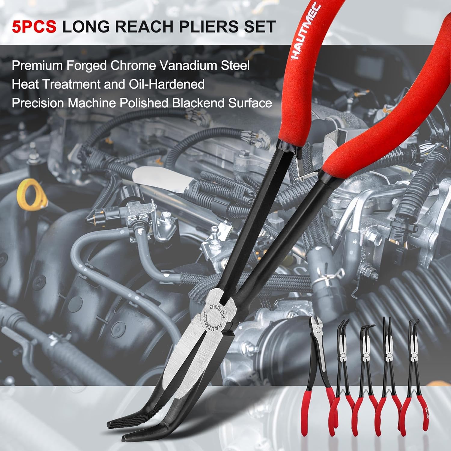 Detalle de HAUTMEC 28 cm Spitzzange Lang & Spitzzange Gebogenes Set (5-tlg.) – Schwerlast-Verlängerungszangen mit Schlauchzange & Seitenschneider – Gerade, 45° & 90°