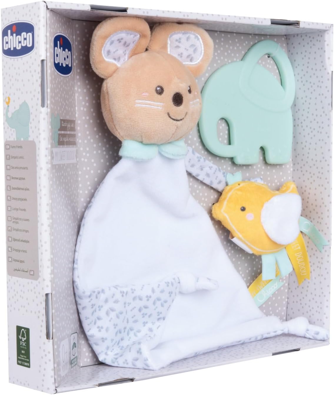 Detalle de Chicco Set Regalo Nascita My Sweet DouDou: DouDou Topolino, Portaciuccio Pulcino e Massaggiagengive Elefantino