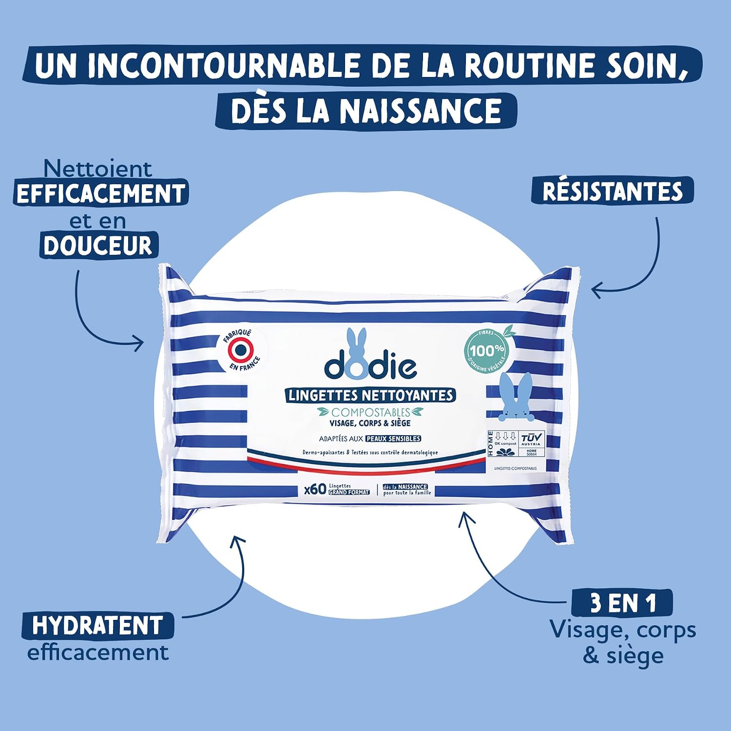 Detalle 2 de Dodie — Lot de 7 paquets de lingettes compostables dermo-apaisantes (x60)