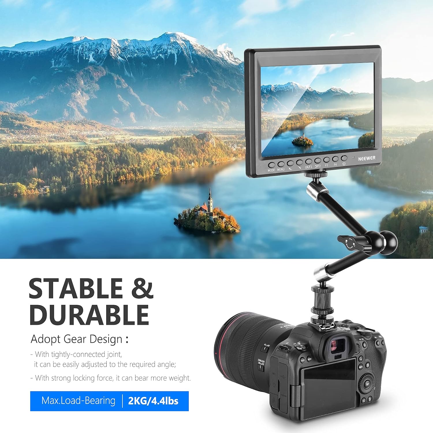 Detalle de NEEWER ST20 Super-Klemme mit 27,9 cm Reibungskraft-Gelenkarm für SmallRig-Käfige, für Monitor/LED/Webcam – max. 2 kg