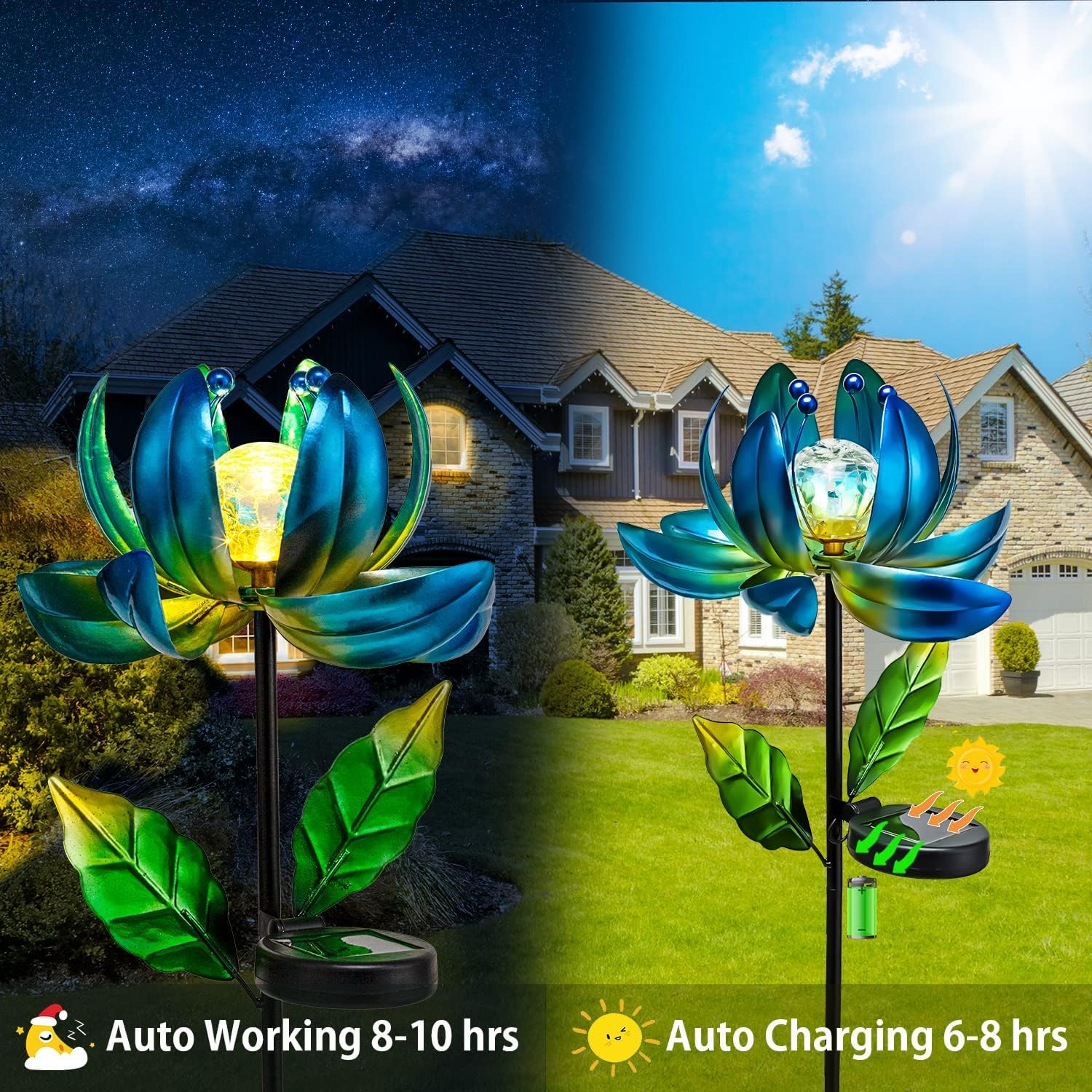 Thumbnail 4 de Solar Garden Lights Metal Flower Decor with Rotating Windmill Lotus LED Crystal Ball Stake Light (Outdoor Waterproof)