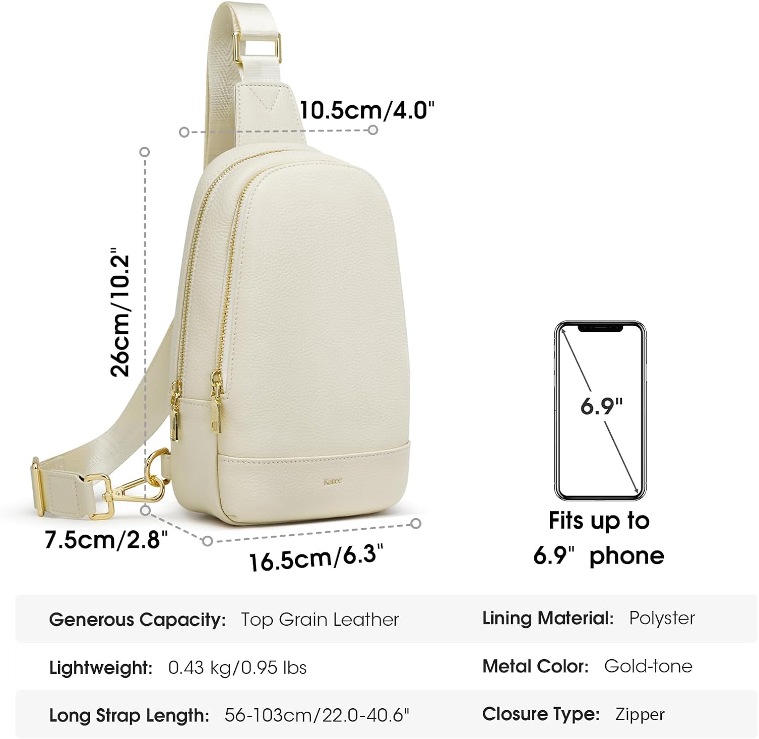 Detalle de Kattee Leather Sling Bag for Women: Multi-Compartment Crossbody with RFID Back Pocket