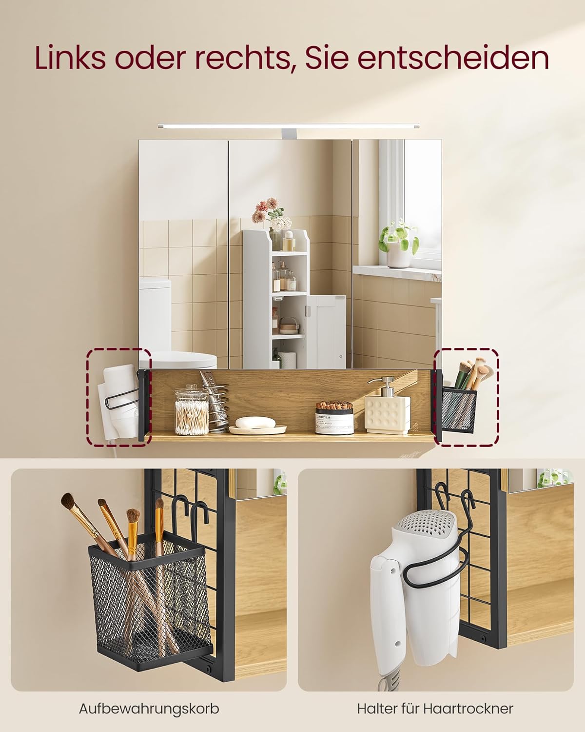 Thumbnail 5 de VASAGLE Spiegelschrank Bad mit Beleuchtung, Natureichenfarben BBK124Y01 – 14,5 x 70 x 70 cm