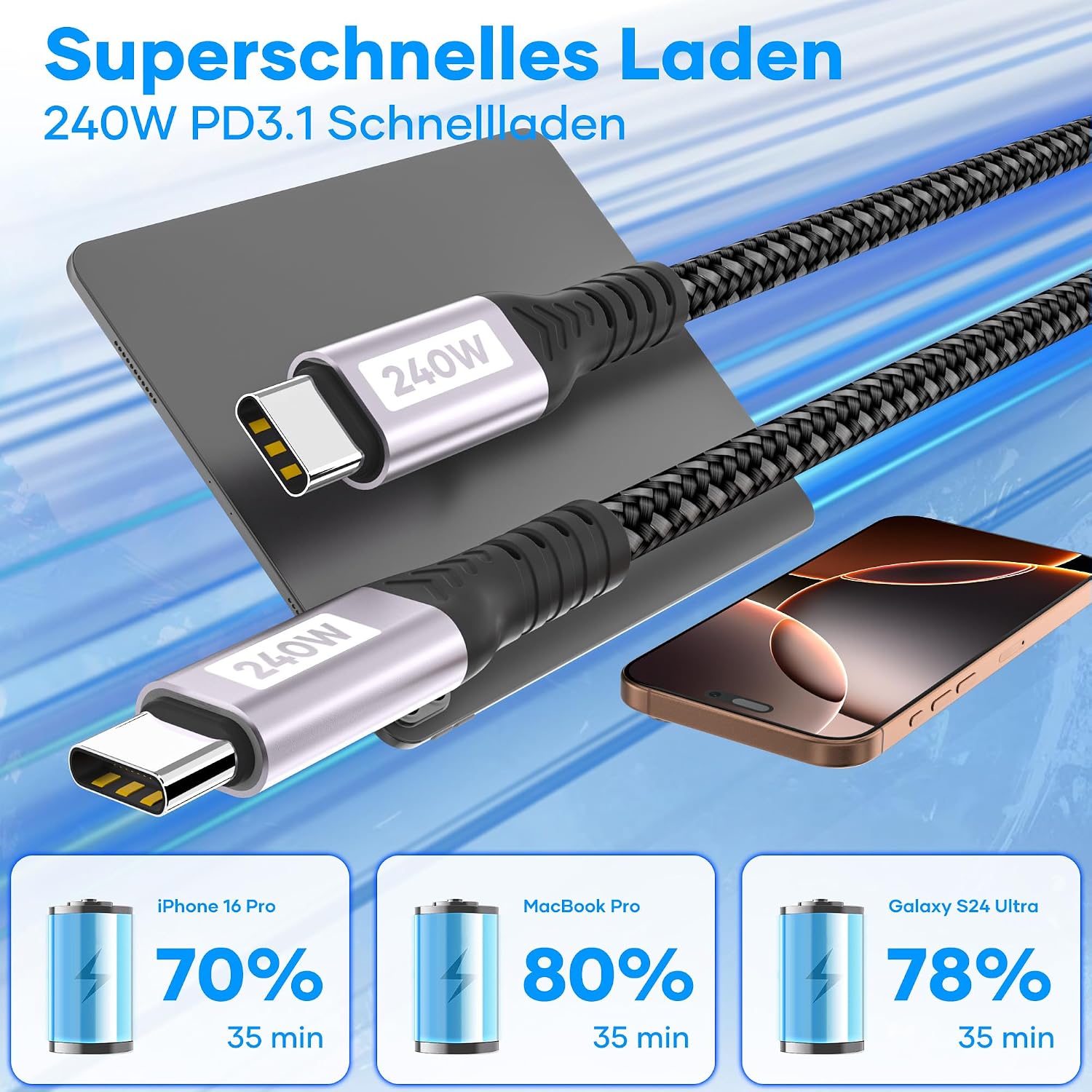 Thumbnail 1 de USB-C auf USB-C Kabel (5 m) mit PD bis 240 W, 5A Schnellladekabel für iPhone, Samsung, MacBook, iPad & mehr