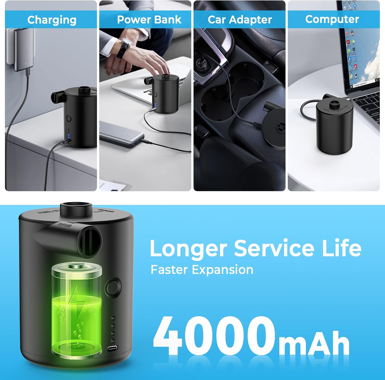 Detalle 2 de Portable Rechargeable Electric Air Pump (4000mAh) with 50W Motor and 3 Nozzles