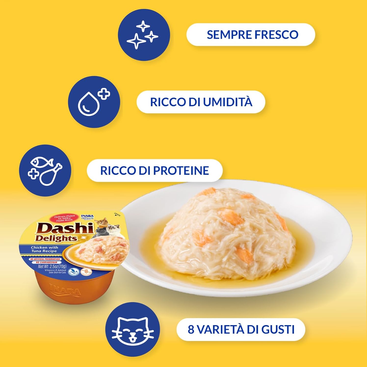 Detalle de INABA Dashi Delights Delicati Fiocchi in Brodo di Pollo con Tonno – Snack umido 6 coppette da 70 g