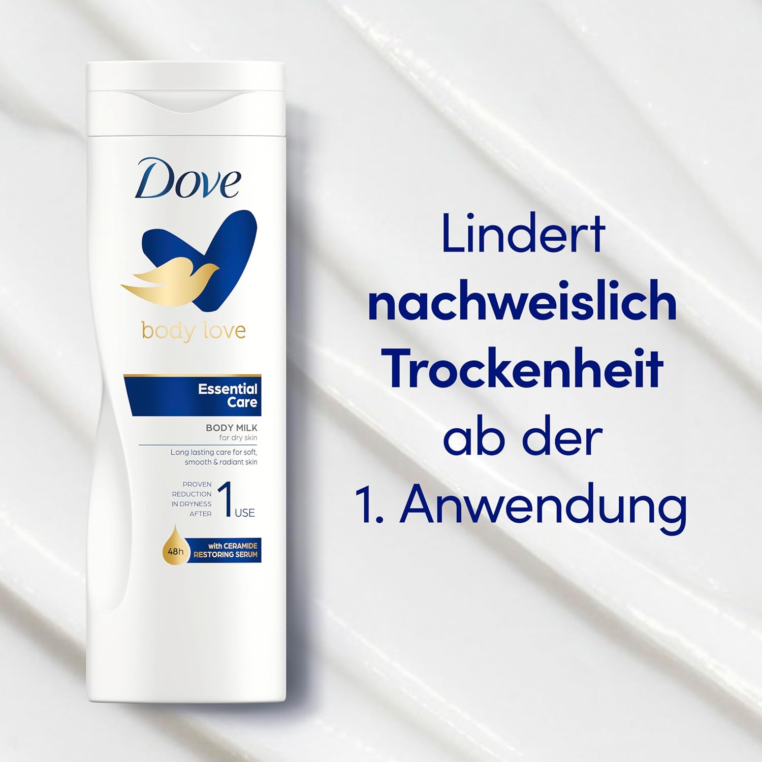 Detalle de Dove Body Love Feuchtigkeitsspendende Körpermilch Essential Care – Für trockene Haut, 3x400 ml
