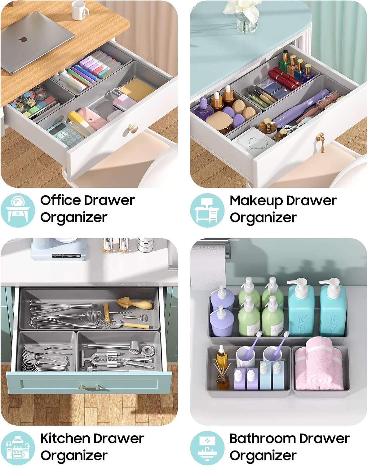 Detalle 1 de MLIKLU 10-Pack Plastic Drawer Organizer Trays, 3 Sizes, Stackable, Gray
