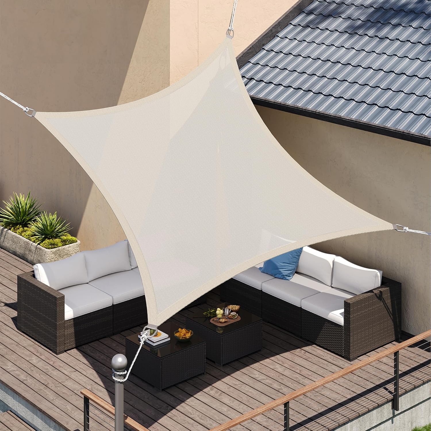 Thumbnail 5 de SONGMICS Sonnensegel 5 x 5 m (GSS55IV) aus HDPE, luft- und wasserdurchlässig, quadratisch, konkav