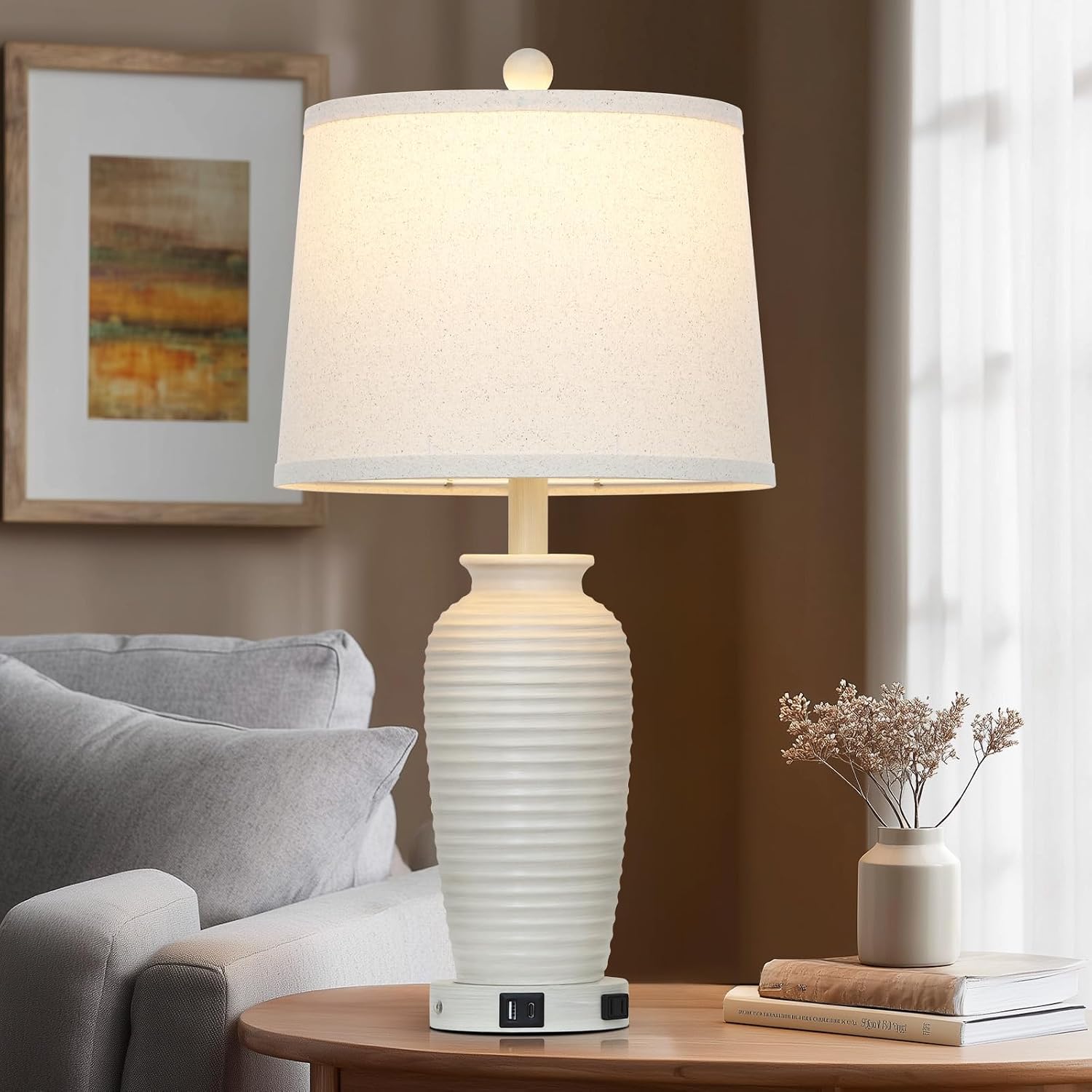 Detalle de CINSARY TD-CS-225-1PK 25" Farmhouse Table Lamp with Touch Dimming, USB-A/C & AC Outlet