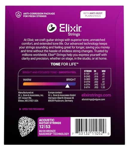 Detalle 2 de Elixir Strings Acoustic Guitar Strings (80/20 Bronze, NANOWEB) — Light Gauge 12-53, 6-String Set