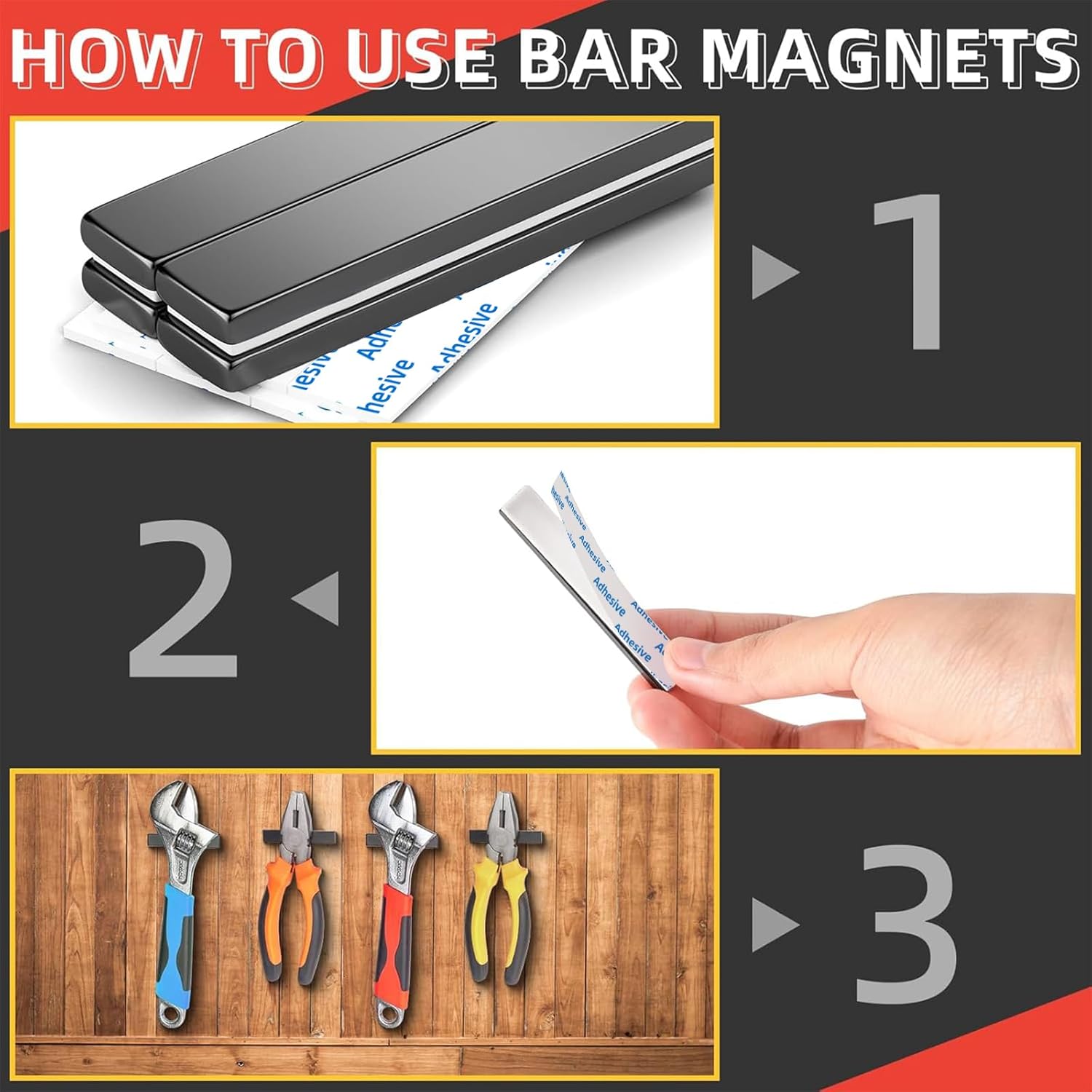 Detalle de Grtard 4 Pack Neodymium Magnets (60 x 10 x 3 mm) with Double-Sided Adhesive Strips