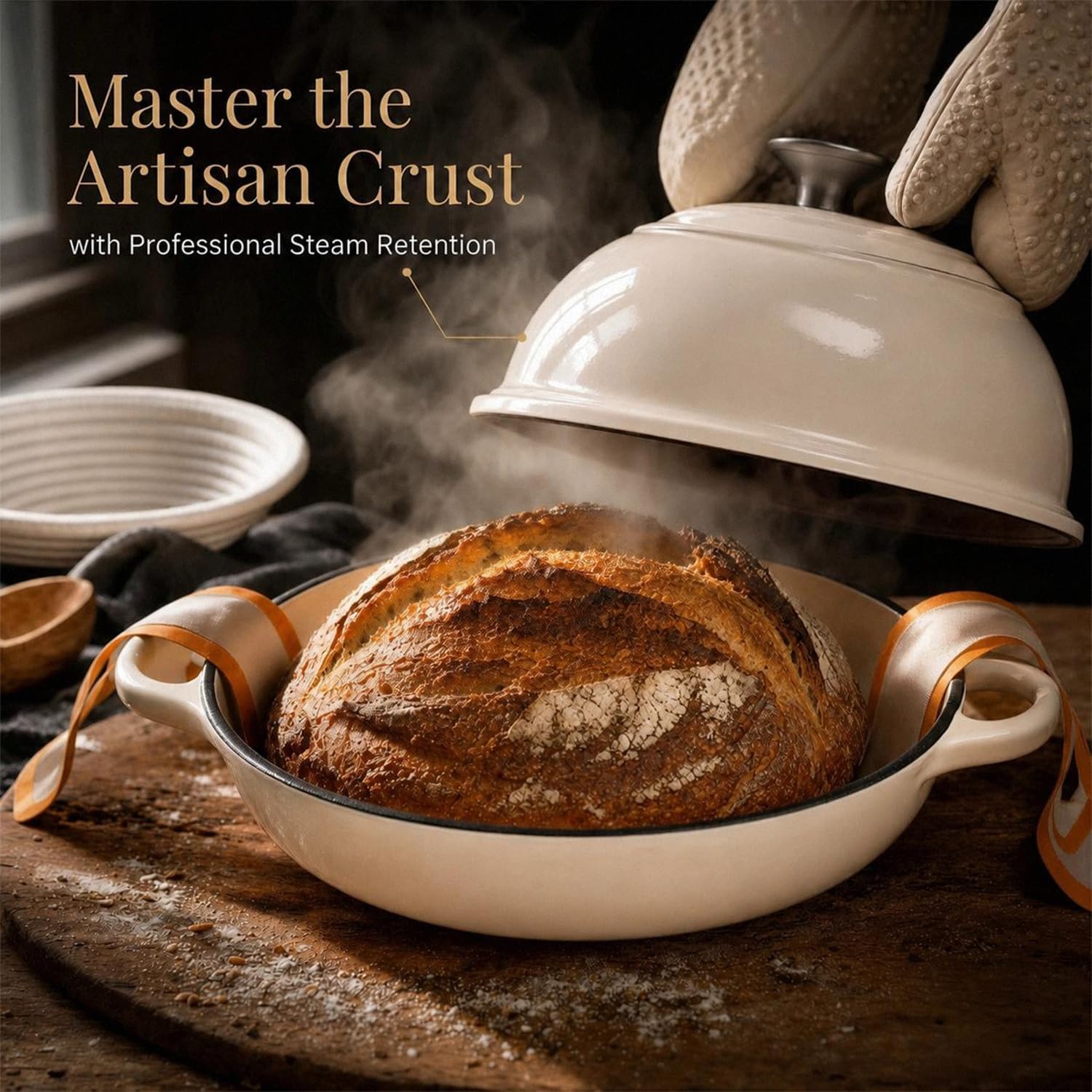 Detalle de AHJ 6QT Enameled Cast Iron Dutch Oven for Bread Baking with Proofing Basket, Gloves & Sling