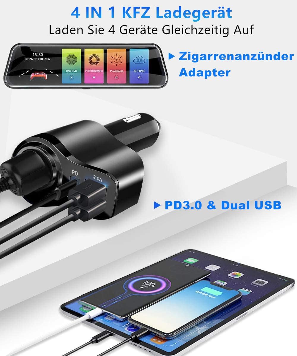 Detalle de 168W Zigarettenanzünder USB‑C Verteiler (4‑in‑1) – PD 3.0 Auto‑Ladegerät für iPhone, iPad & Dashcam