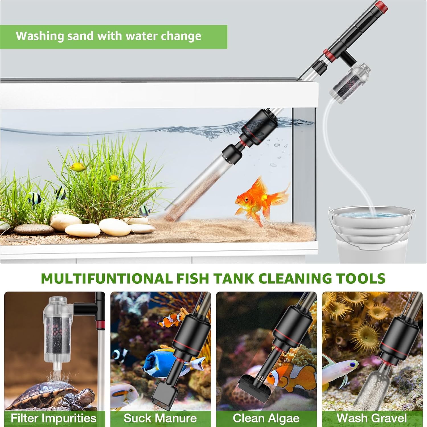 Detalle de Suness 24W Electric Aquarium Gravel Cleaner with Timed OFF — Multifunctional Fish Tank Vacuum for Automatic Water Change and Debris Removal