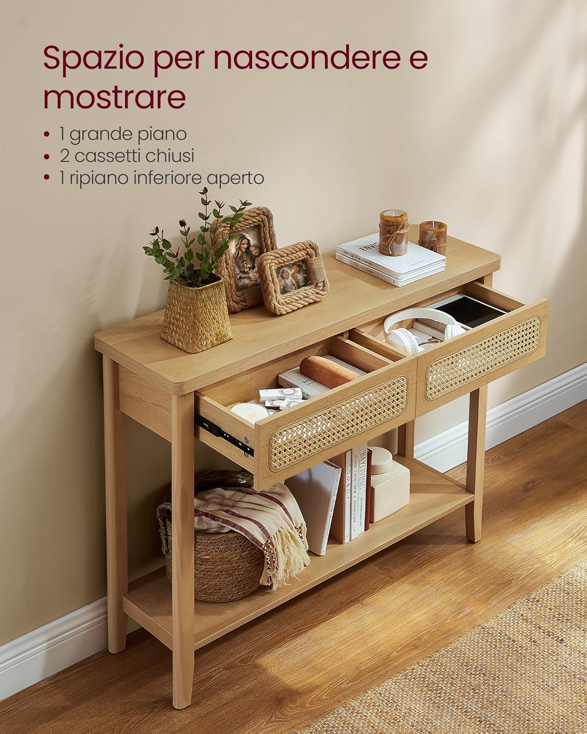 Detalle de VASAGLE Consolle Ingresso LNT016Y57 – Tavolo Consolle Boho Beige Rovere con 2 Cassetti